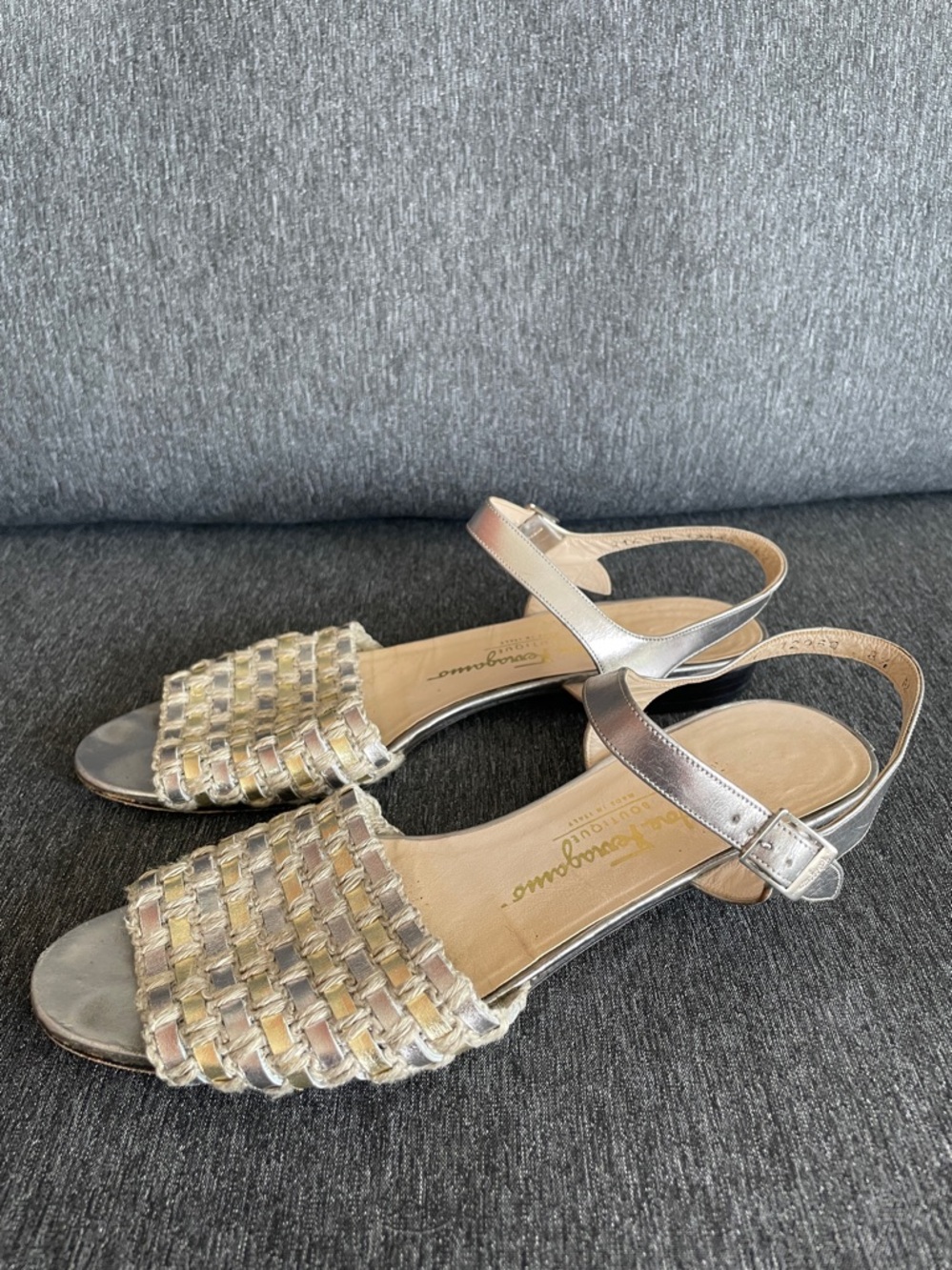 Salvatore Ferragamo sandals 8,5 narrow silver all leather with linen rope wave - Picture 3 of 7
